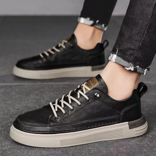 2024新款潮流秋季透气休闲运动小白板鞋男士皮鞋平底百搭潮鞋男鞋 - 图1