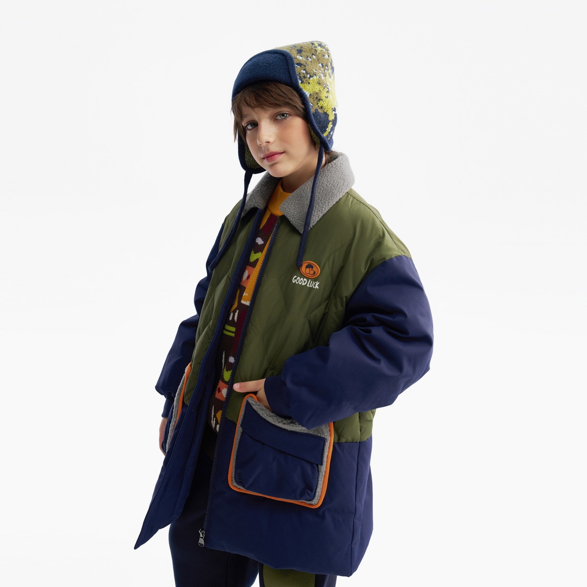 MQD男童羽绒服2025冬季新款儿童翻领拼接仿羊羔绒中长款羽绒外套