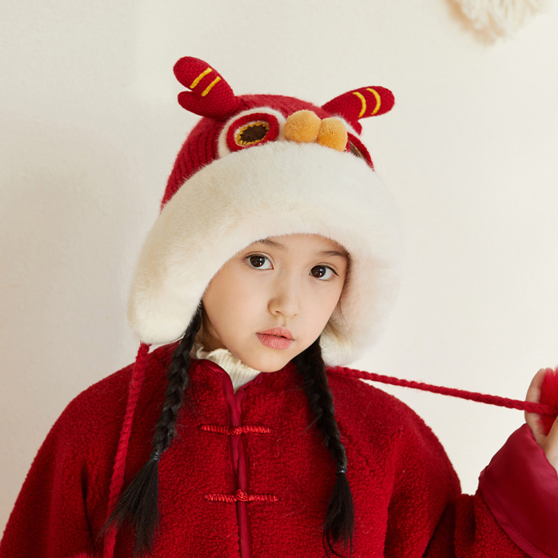 儿童帽子秋冬季红色新年喜庆中国风毛线虎头帽过年冬天龙宝宝女,淘宝优惠券,粉丝福利购,淘宝优惠卷