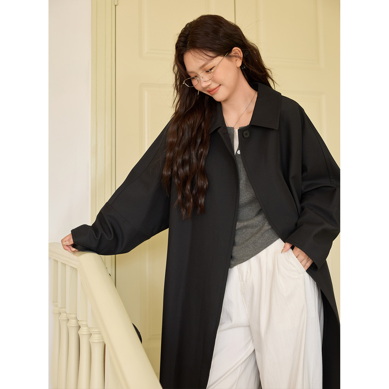 秋冬季大码女装一粒扣廓形长款风衣外套韩版时尚气质宽松披风大衣 - 图2