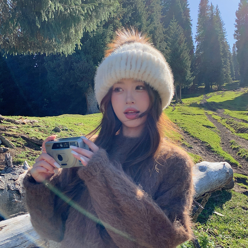 韩国女士冬季皮草帽子水貂毛休闲编织弹力甜美女帽狐狸毛球贝雷帽 - 图1