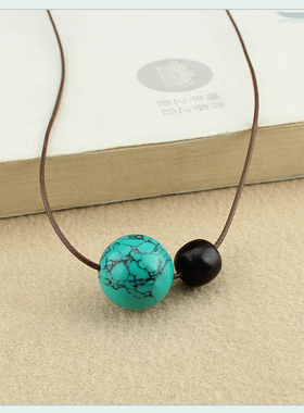 民族风小清新优化绿松石圆珠项链简约绿色珠子毛衣链棉麻配饰新款