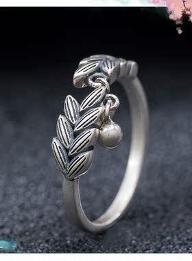 国风小清新S925银泰银复古银珠流苏开口可调指环个性麦穗戒指新款