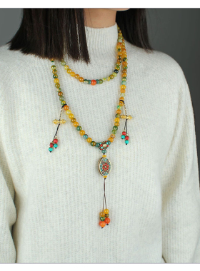 复古国风黄褐色石珠长款斜跨项链