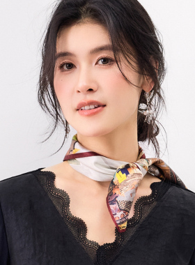 金菊都市摩登风-城市剪影建筑印花真丝方巾100%桑蚕丝女式丝巾