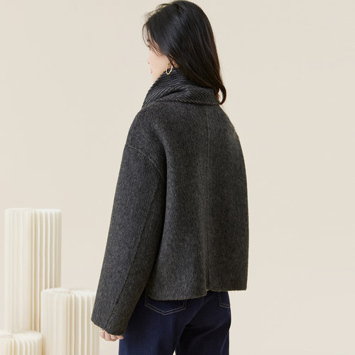 金菊围巾款2025新款双面呢羊毛大衣短款秋冬韩系气质洋气开衫外套 - 图2