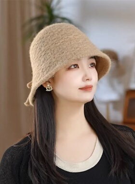 韩版后开叉蝴蝶结显脸小针织渔夫帽盆帽女秋冬甜美保暖护耳水桶帽