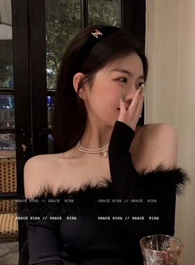 Chris 黑色植绒双C发箍女款秋冬日常外戴高颅顶发卡头箍头饰新款
