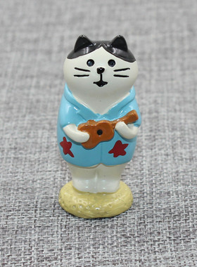 创意zakka杂货 夏威夷风情弹琴猫 旅途猫场景装饰 树脂工艺品摆件