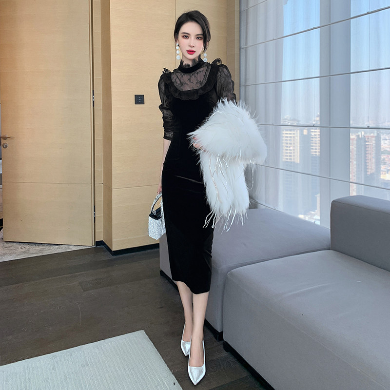 黑色丝绒蕾丝泡泡袖连衣裙收腰裙子 紫嫣红藤连衣裙