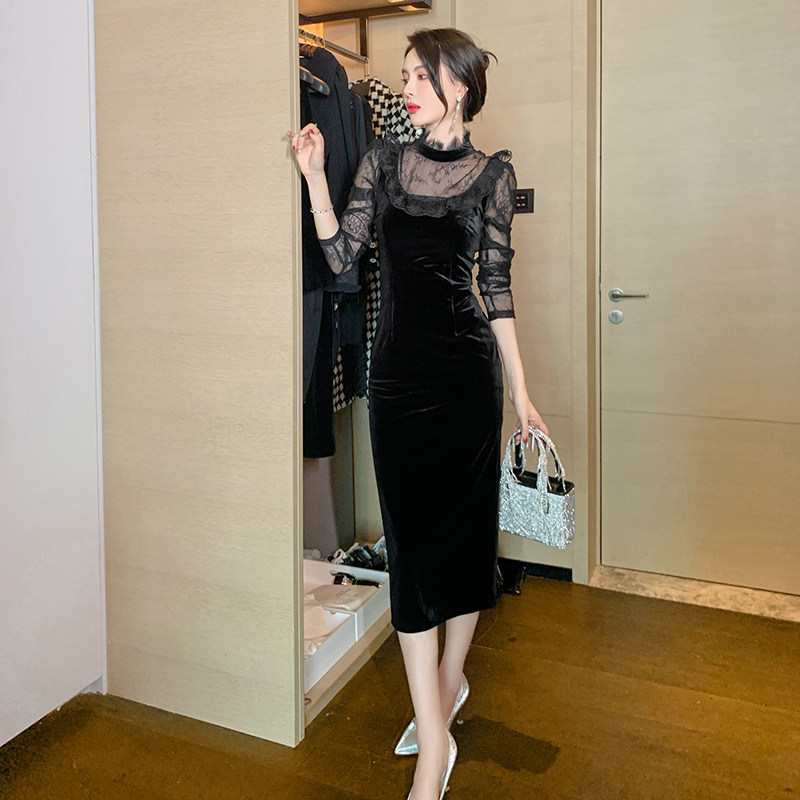 黑色丝绒蕾丝泡泡袖连衣裙收腰裙子 紫嫣红藤连衣裙