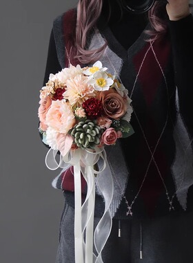 复古胶片｜芍药玫瑰手捧仿真花｜新娘结婚领证花束家居摄影插花