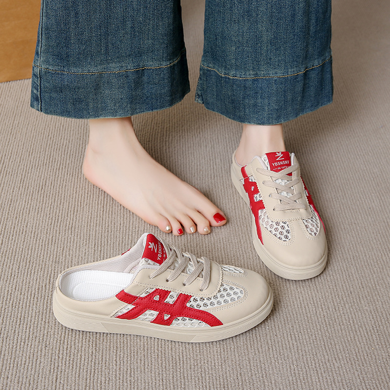 包头半拖凉鞋女夏季外穿新款镂空透气网面网鞋一脚蹬孕妇休闲拖鞋 - 图0