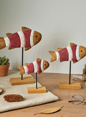 地中海风格木质小鱼摆件创意手工木鱼家居装饰品桌面摆设软装点缀