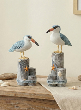 地中海风格创意木质树桩海鸟摆件装饰品客厅桌面海洋主题家居饰品