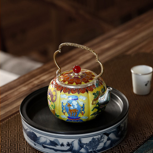 纯银999银壶泡茶壶提梁壶纯手工七宝烧珐琅彩景泰蓝工艺壶 六吉祥 - 图1