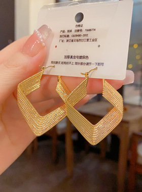 欧美个性夸张金属菱形耳圈时尚复古独特冷淡风耳扣女