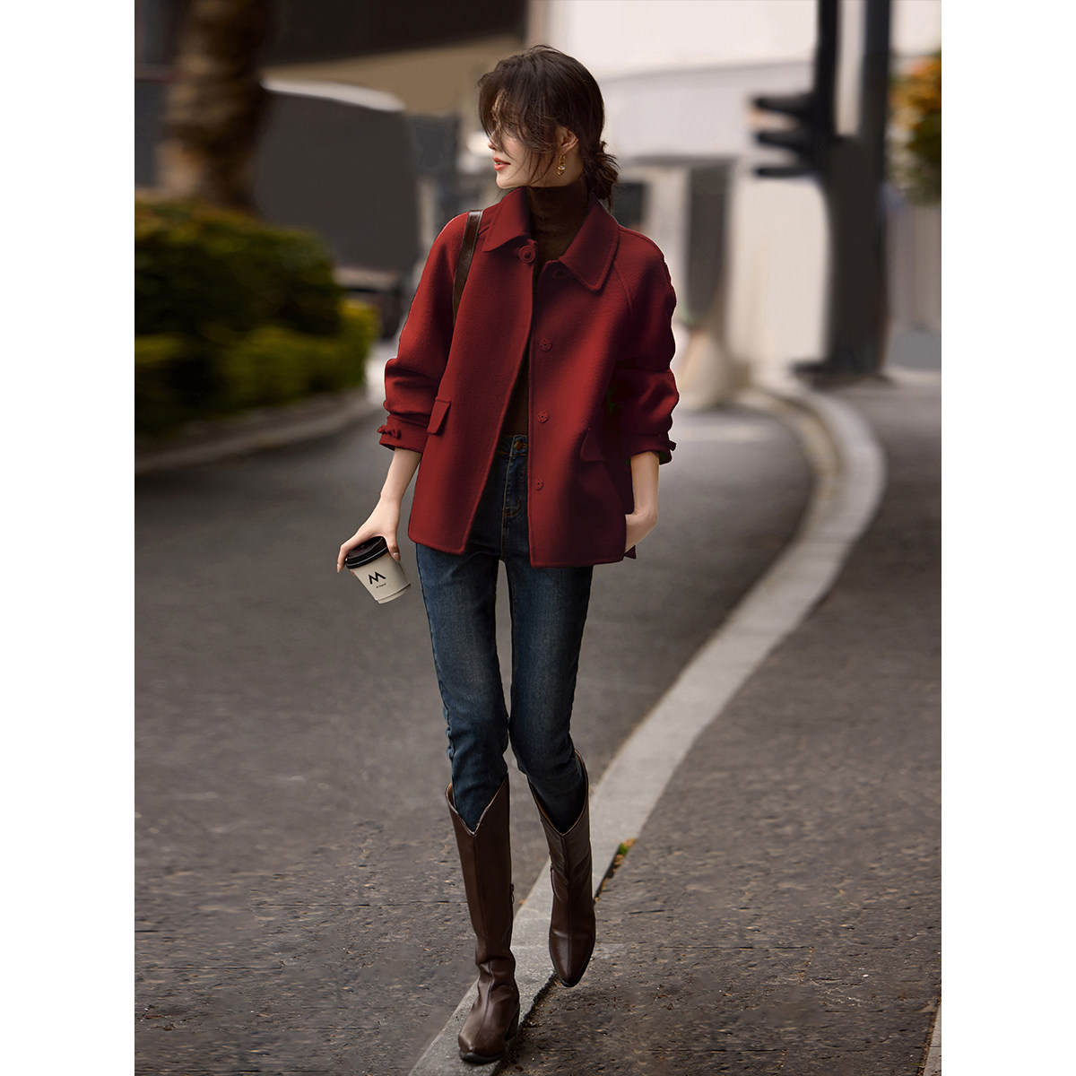 XWI欣未新中式轻国风双面羊毛大衣女秋冬红色高级感短款毛呢外套,淘宝优惠券,粉丝福利购,淘宝优惠卷