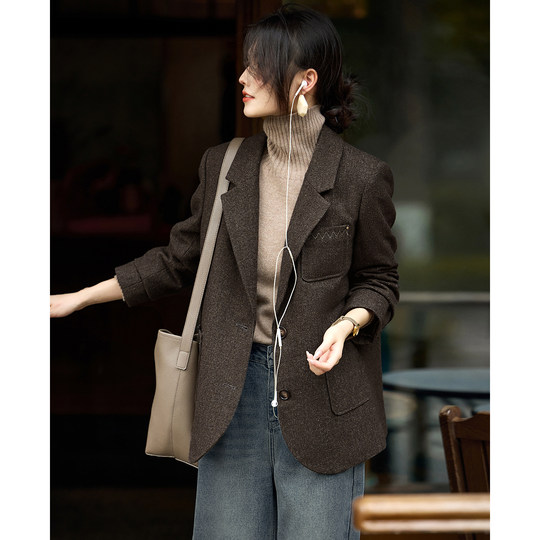 XWI欣未复古英伦刺绣西装外套女2025年秋冬优雅大方得体西服上衣