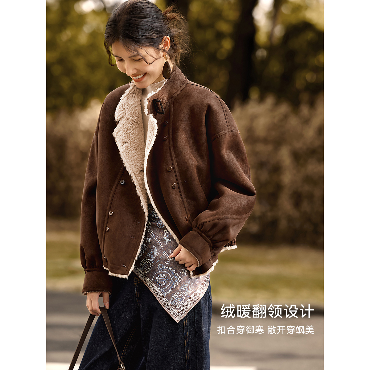 XWI欣未复古休闲风麂皮绒外套女冬季酷飒加绒加厚短款夹克上衣 - 图0