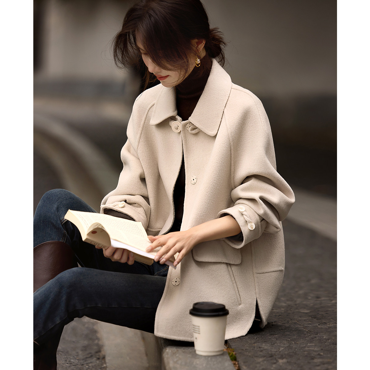 XWI欣未新中式轻国风双面羊毛大衣女2024秋冬高级感短款毛呢外套,淘宝优惠券,粉丝福利购,淘宝优惠卷