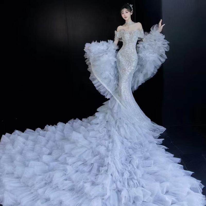 韩式重工超仙可拆卸迎宾订婚宴会出门纱修身结婚婚纱礼服敬酒服,淘宝优惠券,粉丝福利购,淘宝优惠卷