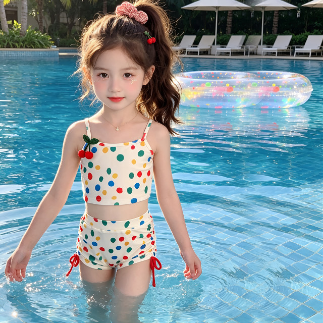 ຊຸດລອຍນ້ຳເດັກຍິງ 2026 Summer New Girls Polka Dot Sunscreen Cardigan Coverup Swimming Shorts Three-piece Swimsuit