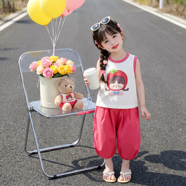 Girls Summer Cartoon Vest and Bloomers ສອງສິ້ນ