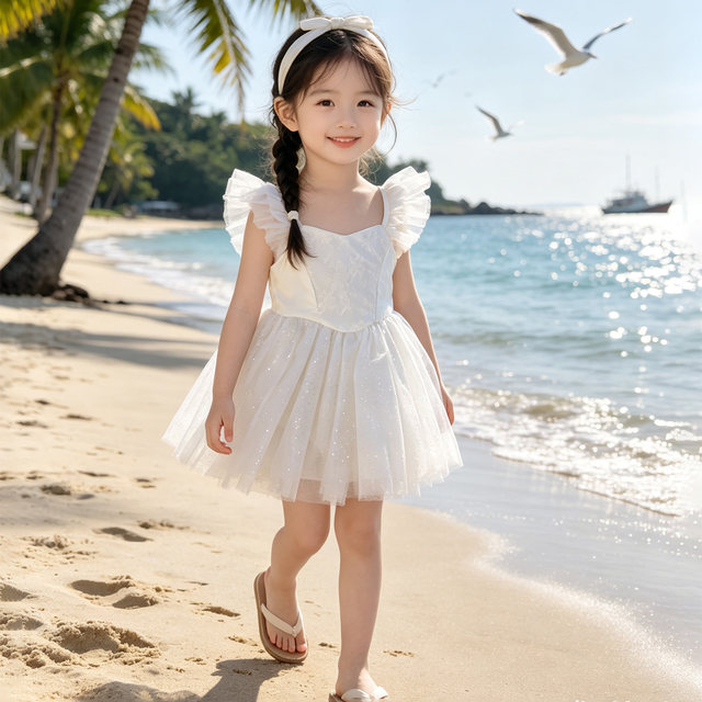 ເດັກຍິງລະດູຮ້ອນມີເສອແຂນສີຂາວບິນຕາຫນ່າງຊຸດເຈົ້າຍິງ