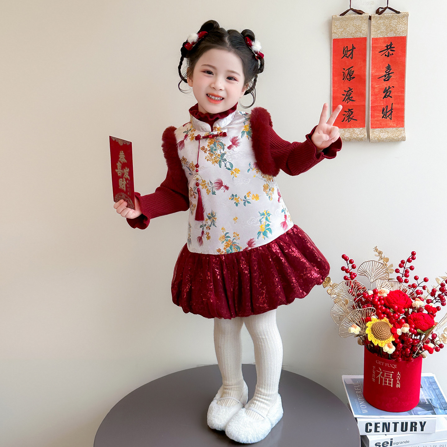 女童连衣裙冬季2025新款儿童女宝宝红色锦鲤中国风旗袍裙子拜年服,淘宝优惠券,粉丝福利购,淘宝优惠卷