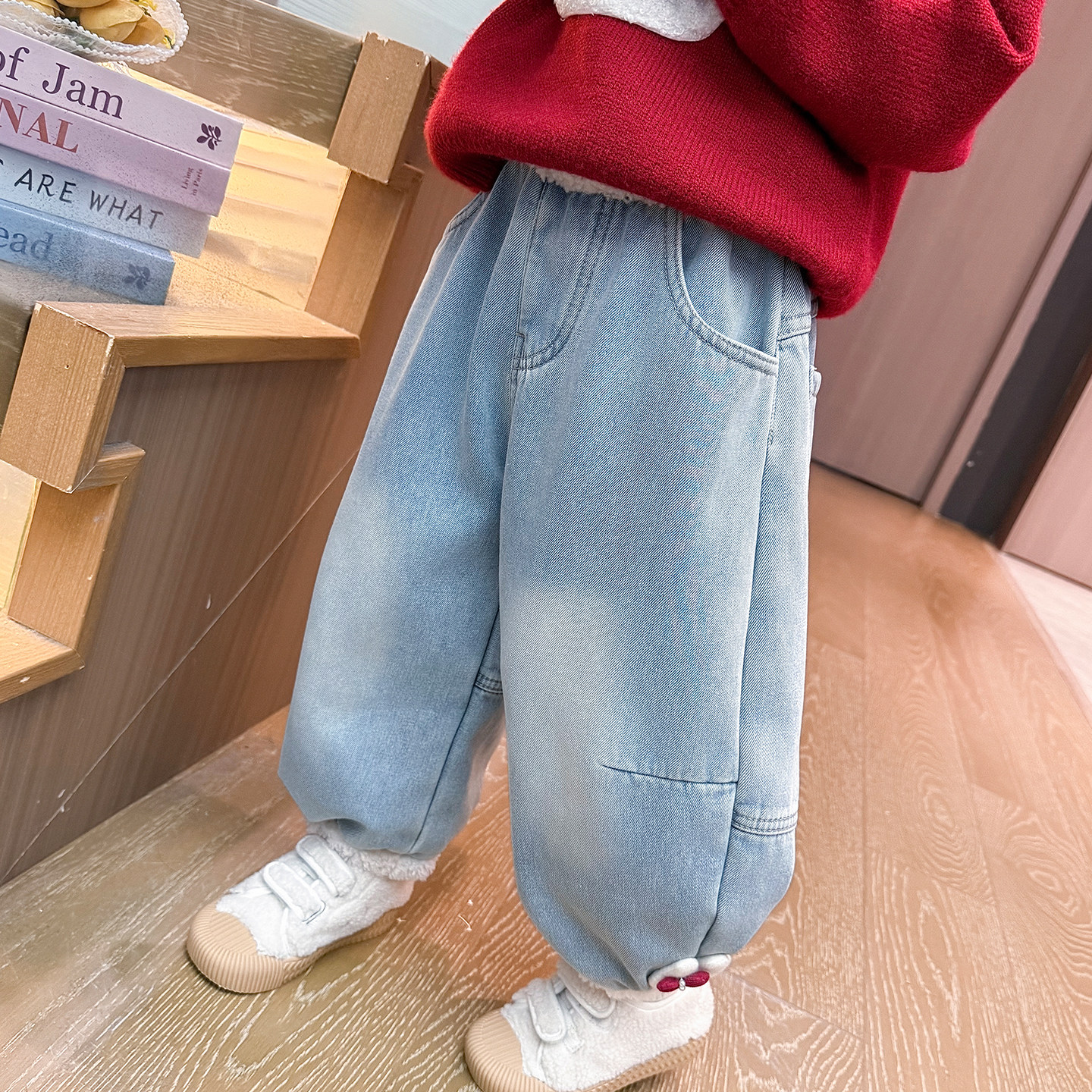 女童牛仔裤子秋冬季2025新款儿童加绒猫咪女宝宝一体绒加厚休闲裤,淘宝优惠券,粉丝福利购,淘宝优惠卷