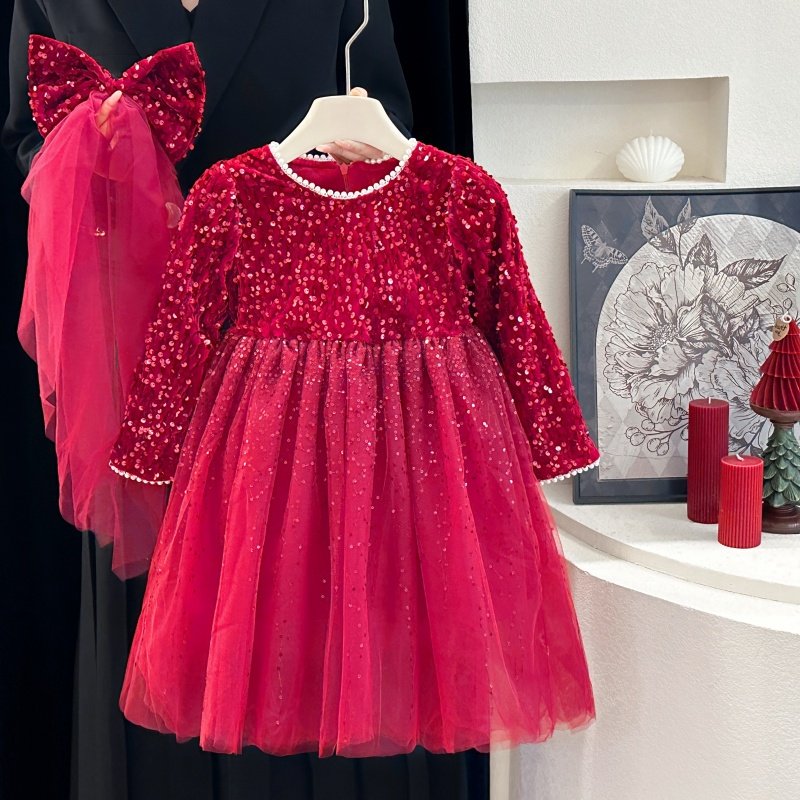 女童秋冬季加绒连衣裙红色小女孩拜年服生日礼服儿童新年亮片裙子,淘宝优惠券,粉丝福利购,淘宝优惠卷