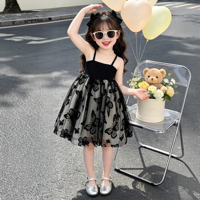 ເດັກຍິງ butterfly ສີດໍາ suspender Princess ວັນເດືອນປີເກີດ dress