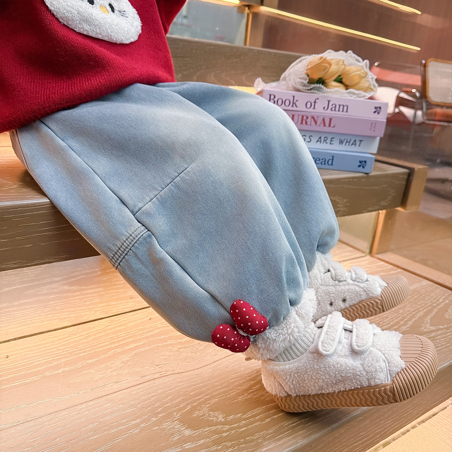 女童牛仔裤子秋冬季2025新款儿童加绒猫咪女宝宝一体绒加厚休闲裤,淘宝优惠券,粉丝福利购,淘宝优惠卷