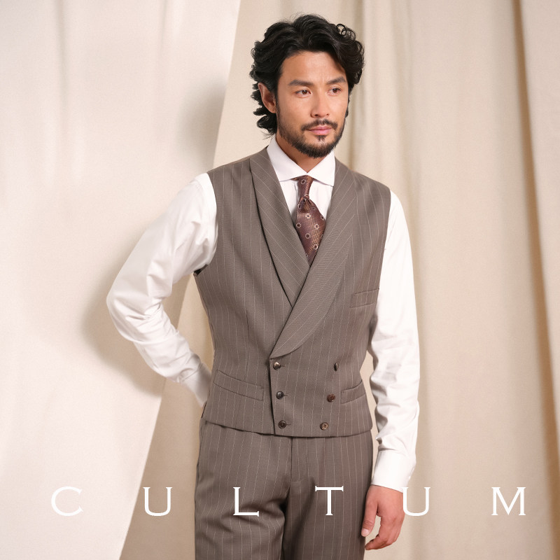 【澳洲羊毛】CULTUM复古银行家竖条纹青果领双排扣婚礼西服马甲男,淘宝优惠券,粉丝福利购,淘宝优惠卷