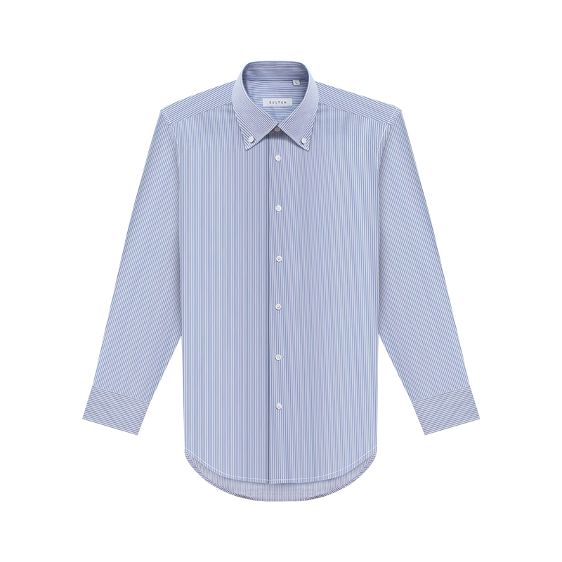 CULTUM意式大尖领扣领修身蓝色条纹衬衫男高级感长袖休闲复古衬衣