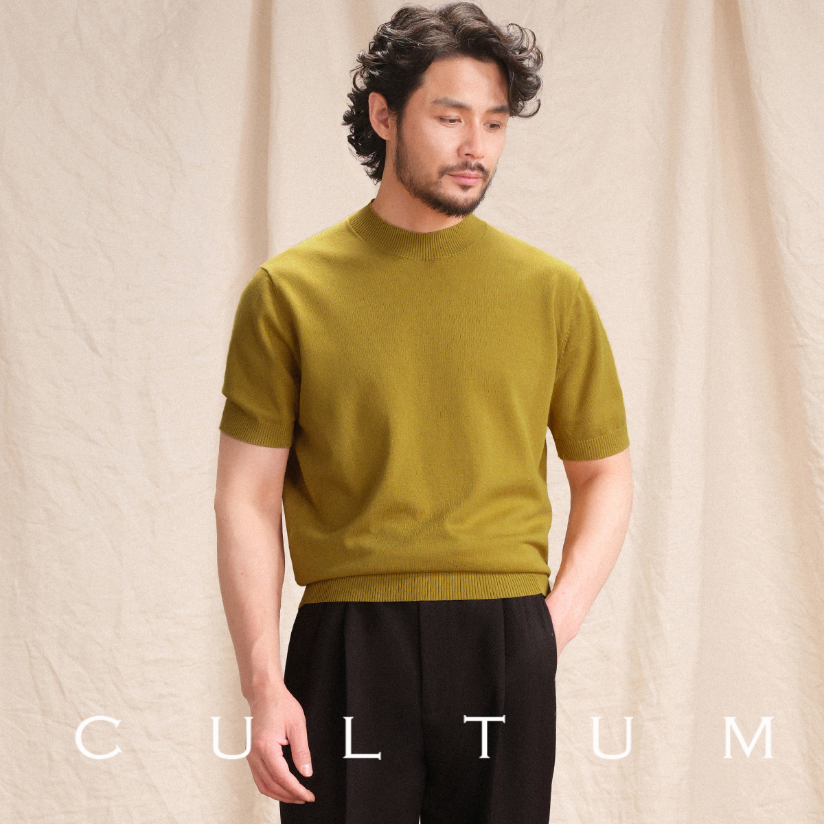 【桑蚕丝长绒棉】CULTUM轻薄透气休闲针织衫百搭圆领短袖男T恤 - 图1