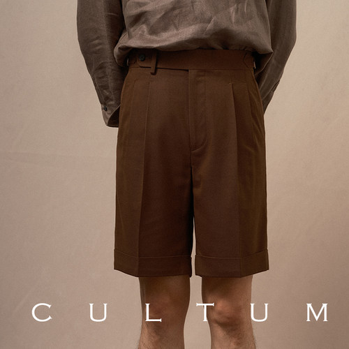 CULTUM轻薄透气意式那不勒斯斜纹免烫短裤男纯色微弹复古休闲西裤 - 图1