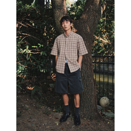 FERMENTEDSHIRT/夏新品色织格纹泡泡纱宽松休闲短袖衬衫复古感 - 图0