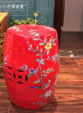 手绘牡丹花鸟新中式风门厅换鞋凳