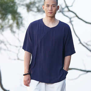 慈缘原创中国风夏季唐装汉服男士短袖上衣中式白色宽松休闲T恤衫
