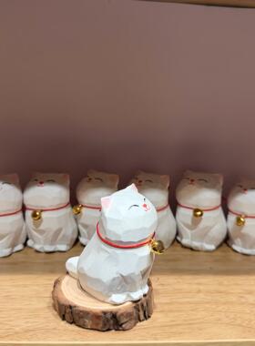 手工木雕白猫木质小猫咪办公室工位电脑桌面摆件创意装饰品可爱女