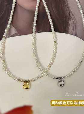 天然淡水珍珠mini爱心项链复古小众设计925银锁骨链颈链搭配手链