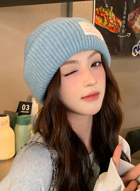 蓝色帽子女秋冬季时尚针织毛线帽