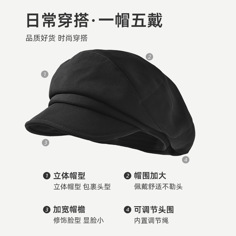英伦八角帽女2025新款春秋黑色鸭舌贝雷帽秋冬显脸小画家报童帽子