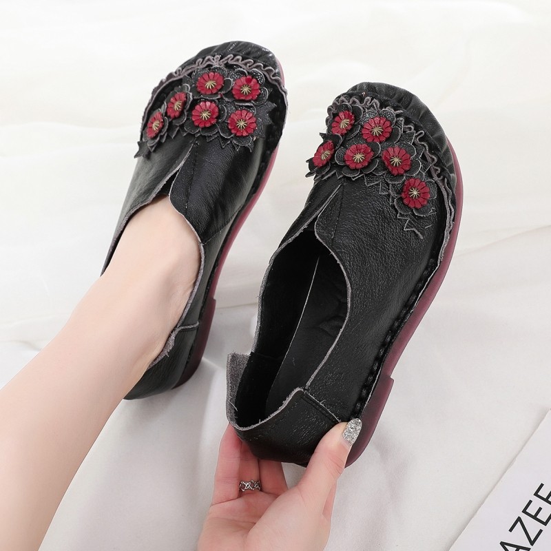 宽版圆头深口单鞋女平底真皮软底舒适妈妈鞋复古民族风女鞋奶奶鞋,淘宝优惠券,粉丝福利购,淘宝优惠卷