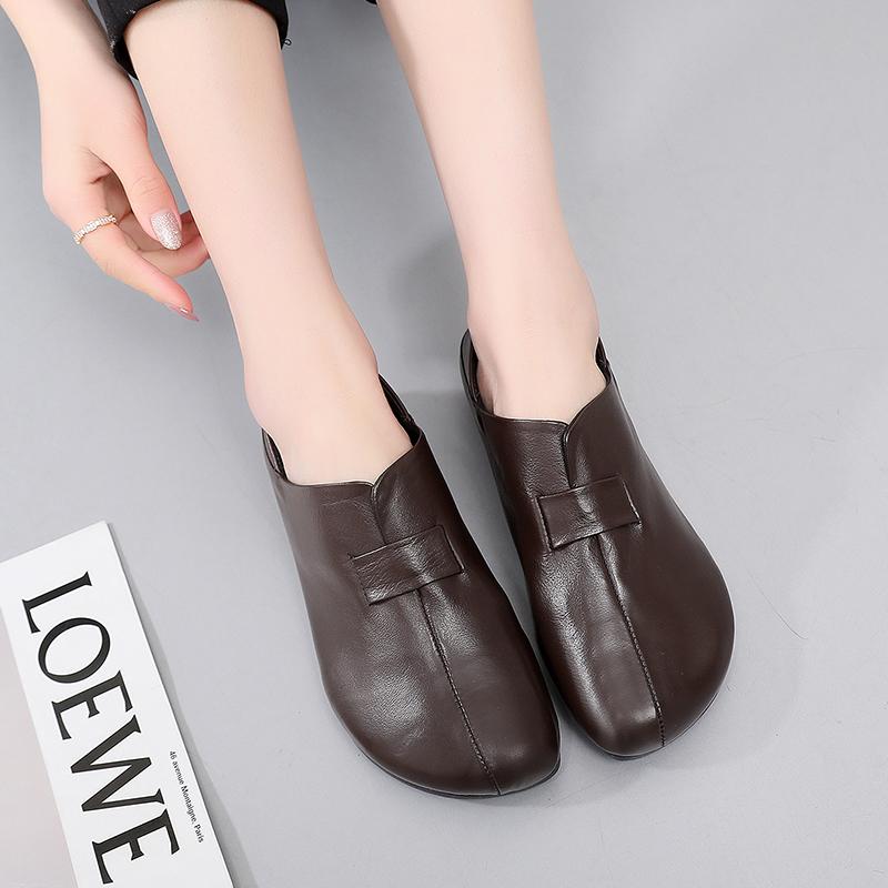 春秋款平底妈妈鞋复古休闲真皮软底单鞋女中老年皮鞋大码懒人棉鞋 - 图1