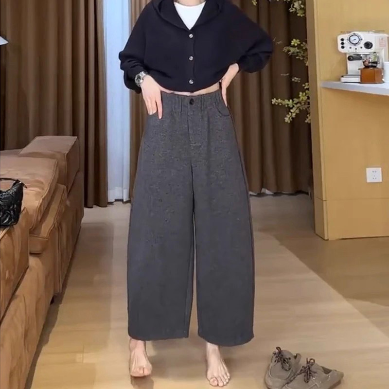 加绒毛呢休闲裤女秋冬145小个子八分梨形身材宽松显瘦阔腿奶奶裤9 - 图3