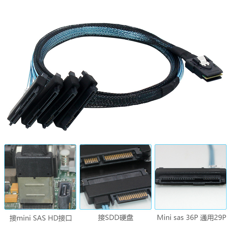 CY Mini SAS 4i 36Pin SFF-8087 主机转4 SATA 7pin 硬盘连接线1m 主板延长线 阵列卡转接线Mini SAS SFF8087 - 图2