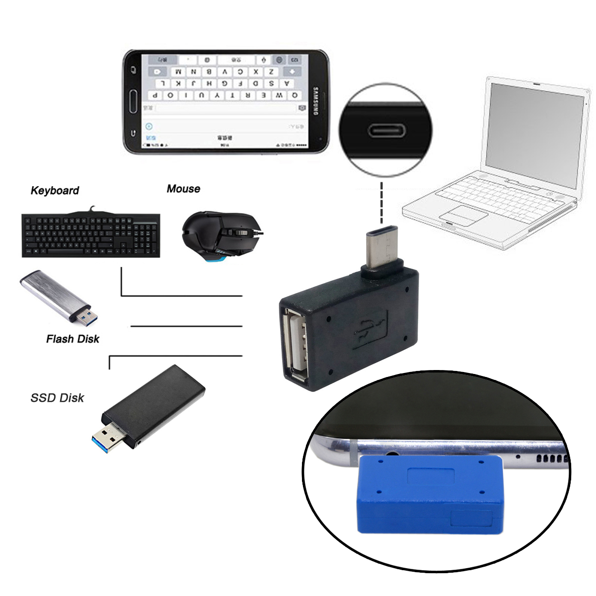 CY 180度90度弯头Type-c转USB3.0母数据线安卓手机OTG转接头USB-C